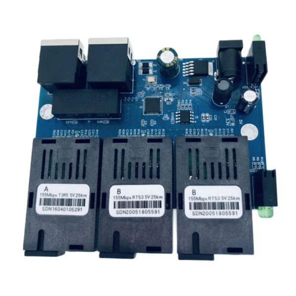 Conmutador POE inverso 3SC 2RJ45 100M Convertidor de medios de fibra óptica Conmutador Ethernet Placa PCBA Grado industrial