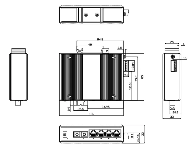 INS2UM1F4T,5-port industrial Ethernet switch, with 1 100M fiber port and 4 100M copper port - Image 2