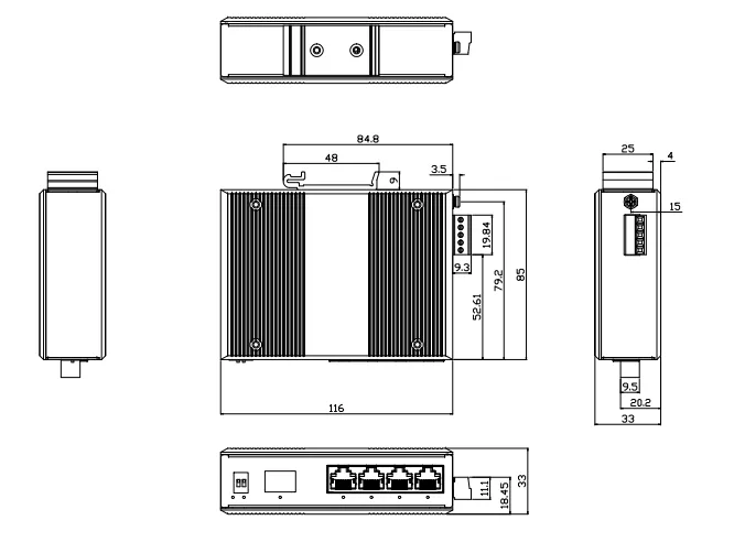 INS2UM1GF4GT,Conmutador Ethernet industrial de 5 puertos, con 1 puerto Gigabit de fibra y 4 puertos Gigabit de cobre - Imagen 2