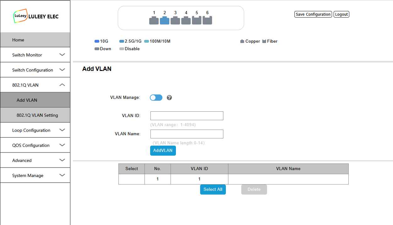 LL-L2+MES-425GE2SFP+ 사용자 가이드: 로그인, VLAN 및 웹 관리 14 LL L2MES 425GE2SFP10